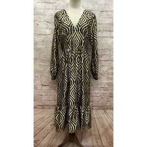 Michael Kors Midi Dress 6 Lurex Metallic Jacquard Black/Gold Medallion Sparkle